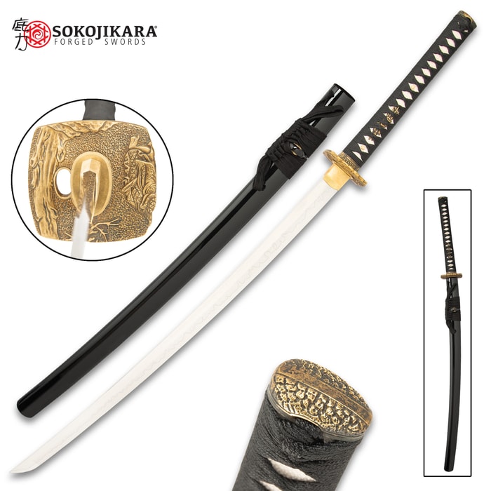 A sword that has been meticulously hand-forged using ancient, time-honored tempering techniques that give it a custom look