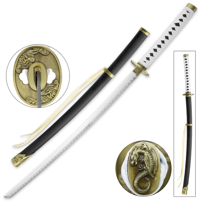 Dragon Samurai Sword with White Handle Wrap and Black Scabbard