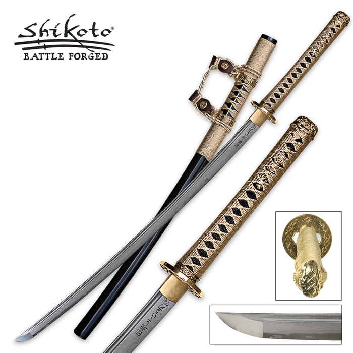 Shikoto Kogane Dynasty Tachi sword shown with brass accents and brass colored cord wrapping handle and black scabbard. 