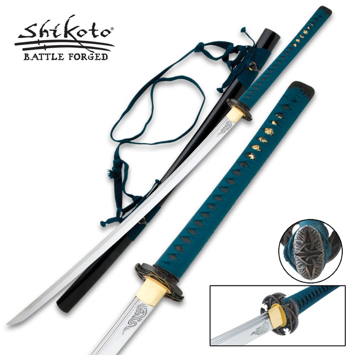 Shikoto Ao-Doragon katana features intricate metal guard and pommel, black scabbard with green hanging cord, and green cord wrapped handle. 