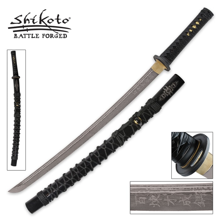 Shikoto Embassy Wakizashi shown with cord wrapped hardwood scabbard, metal tsuba, and engraving on blade. 