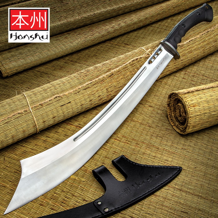 Stainless steel curved silver sword with tpr handle laying adjacent to black sheath embossed with Honshu
