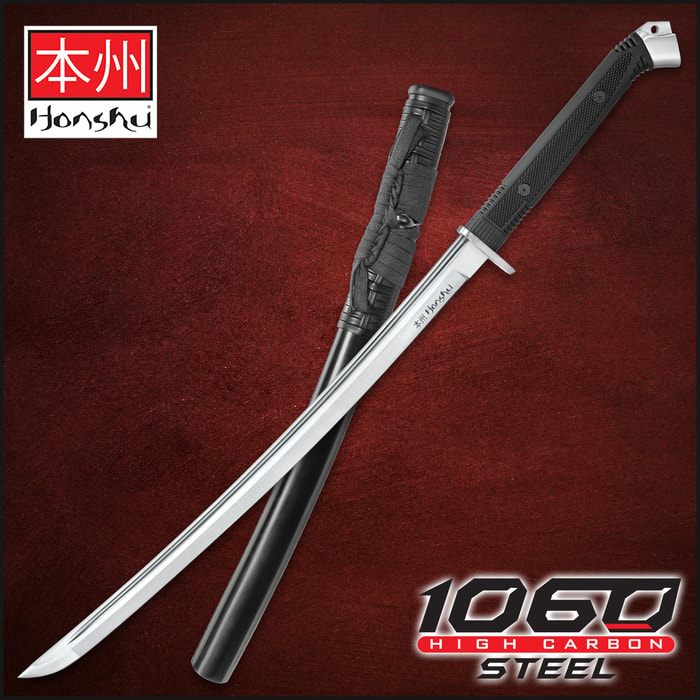 Honshu Boshin Wakizashi - Modern Tactical Samurai / Ninja Sword - Hand Forged 1060 Carbon Steel - Full Tang, Fully Functional, Battle Ready - Black TPR, Steel Guard and Pommel, Lanyard Hole - Scabbard