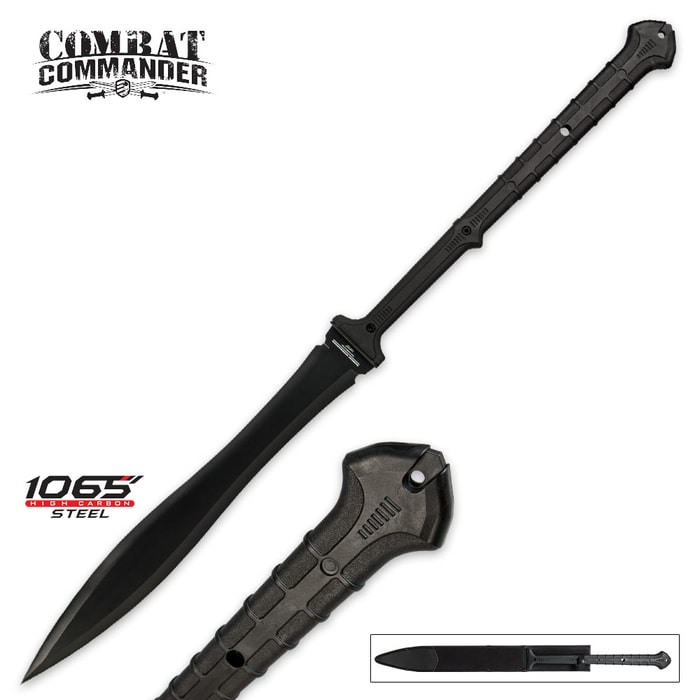 Combat Commander Thai Gladius Sword shown with 1065 high carbon steel blade and black handle. 