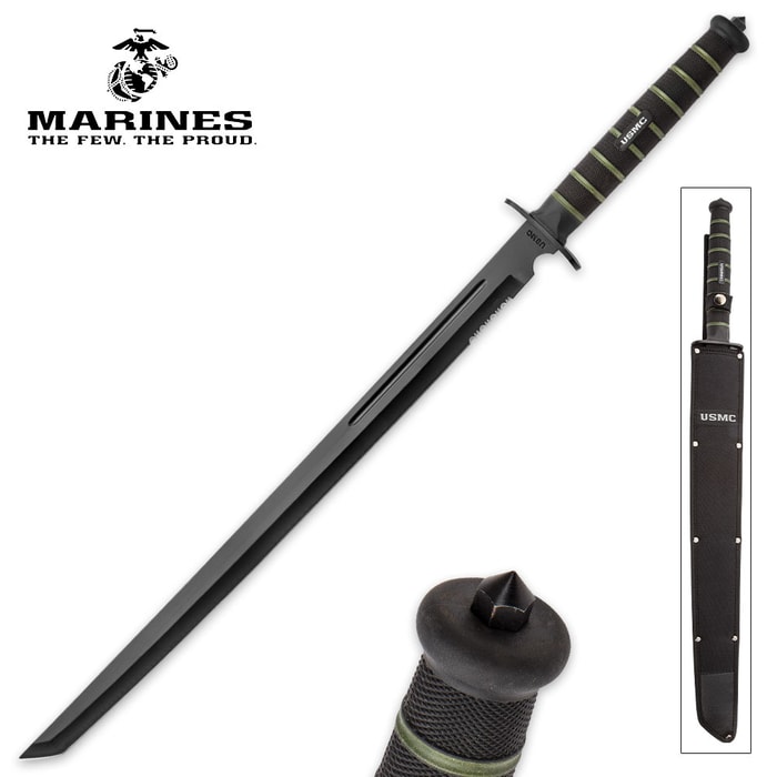 The USMC Blackout Combat Tanto Sword has a 19 3/4" AUS-6 stainless steel tanto blade, glass breaker pommel, and rubberized handle.