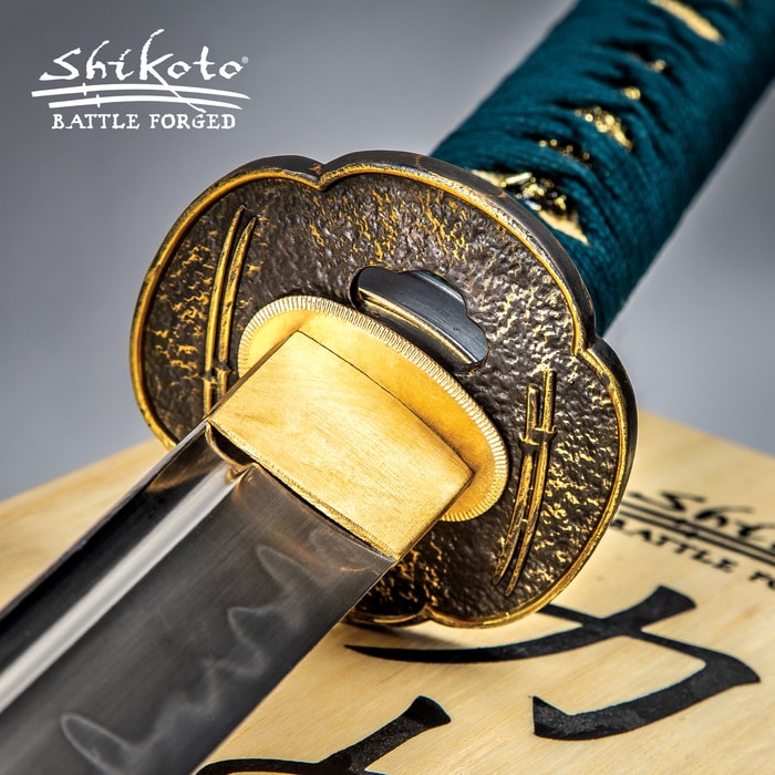 Shikoto Hammer-Forged Longquan Master Teal Wakizashi Sword - 1060 High Carbon Steel Blade, Tea-Dyed Rayskin, Brass Tsuba, Wooden Scabbard