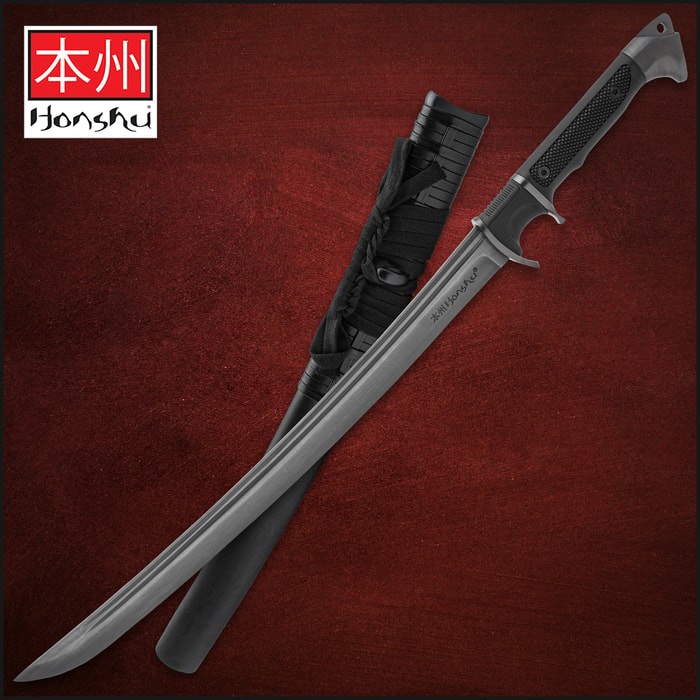 The Honshu Damascus Sub-hilt Wakizashi comes with a black wooden scabbard