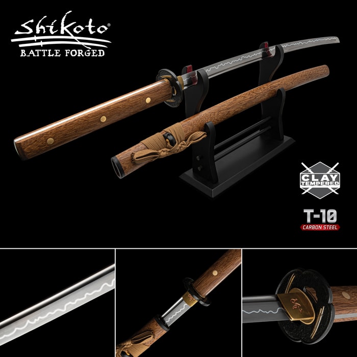 Different views of the Shikoto Tiger Wood Katana