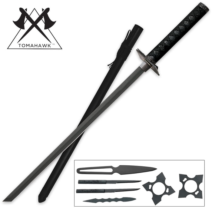 Tomahawk black ninja sword set has ninja sword, black scabbard, set of throwing knives, removable throwing stars and mini tanto. 