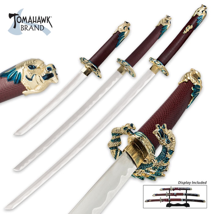 Three Tomahawk Brand Japanese swords shown side-by-side with detailed view of dragon pommel and guard. 