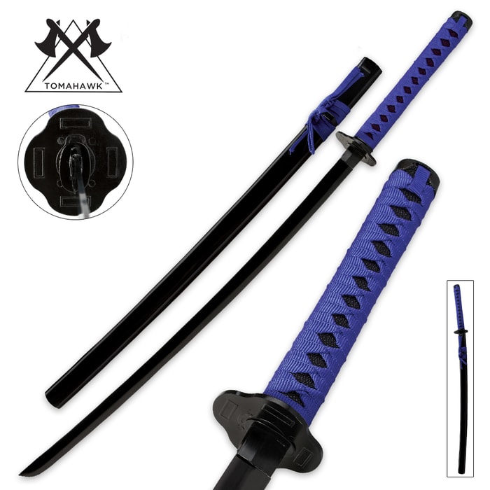 K Exclusive Warrior Katana shown with all black tsuba, scabbard, and blade with purple cord on the handle and scabbard. 