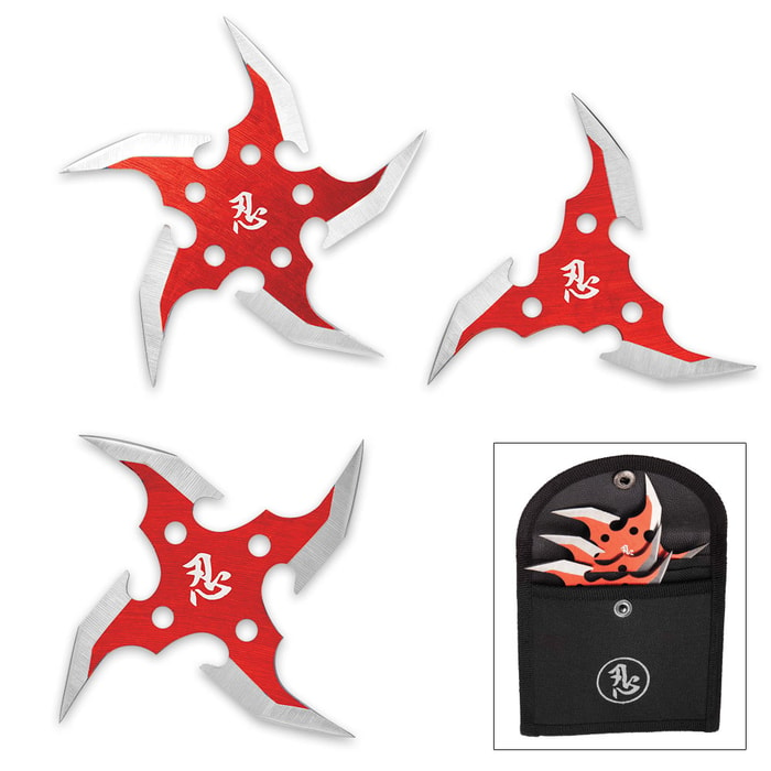 Circulus Mortem 3-Piece Throwing Star Set with Nylon Pouch - Red