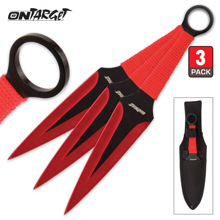 On Target 3-Piece Throwing Knife Set with Nylon Sheath - Red and Black