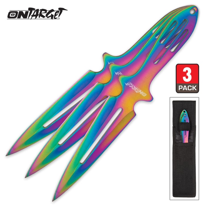 On Target 3-Piece Throwing Knife Set with Nylon Sheath - Rainbow