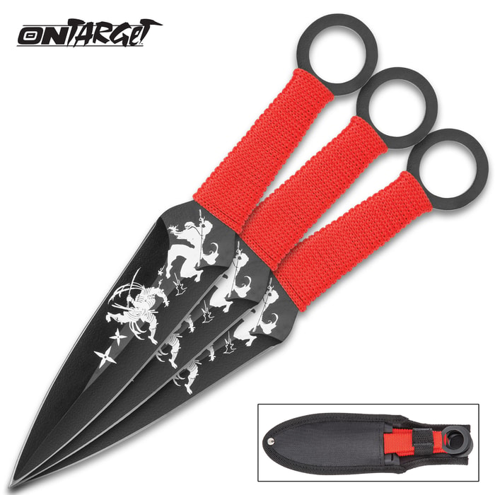 On Target Air Ninja 3-Piece Throwing Knife / Kunai Set - 420 Stainless Steel, Matte Black Finish - Double Edged, Full Tang - Ninja Graphics - Red Cord Wrapping; Finger Rings - Nylon Belt Sheath
