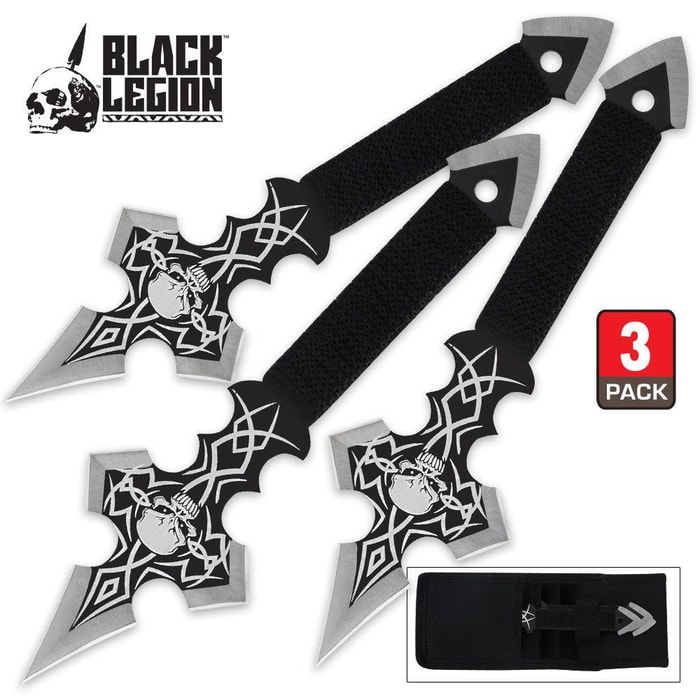 Black Legion White Skull Triple Throwing Knife Set