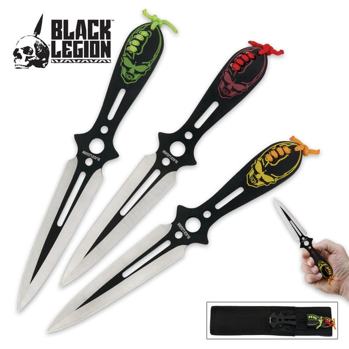 Black Legion Multicolor Skulls Three Piece Throwing Knife Set With Sheath