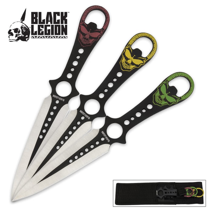 Black Legion Multicolor Skulls Open Hole Triple Throwing Knife Set With Sheath