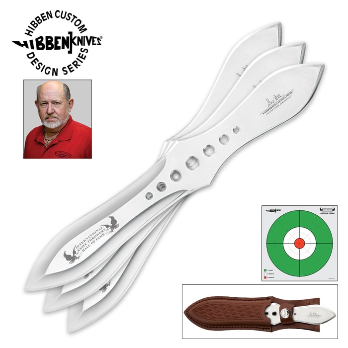 Gil HIbben Hall of Fame Throwing Knives Set has three throwing knives, each made of one piece of stainless steel, with a leather sheath.
