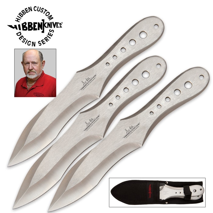 Gil Hibben GenX Pro Thrower Triple Set has three throwing knives, each made of one piece stainless steel, with a black sheath.