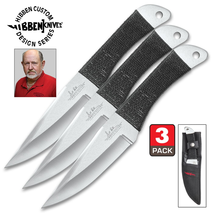 Gil Hibben Large Throwing Knife Triple Set has three throwing knives made of stainless steel with black cord wrapped handles.