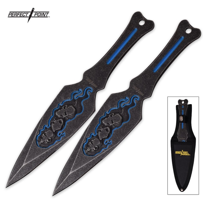 Perfect Point Flaming Skulls Double Throwing Knife Set with Sheath - Stonewashed with Blue Accents