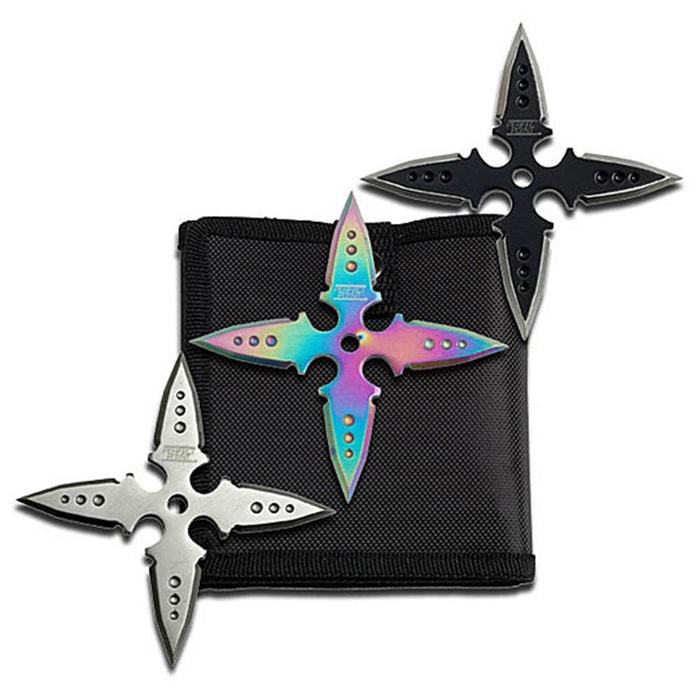 Three Piece Four Point Ninja Throwing Star Collection With Sheath