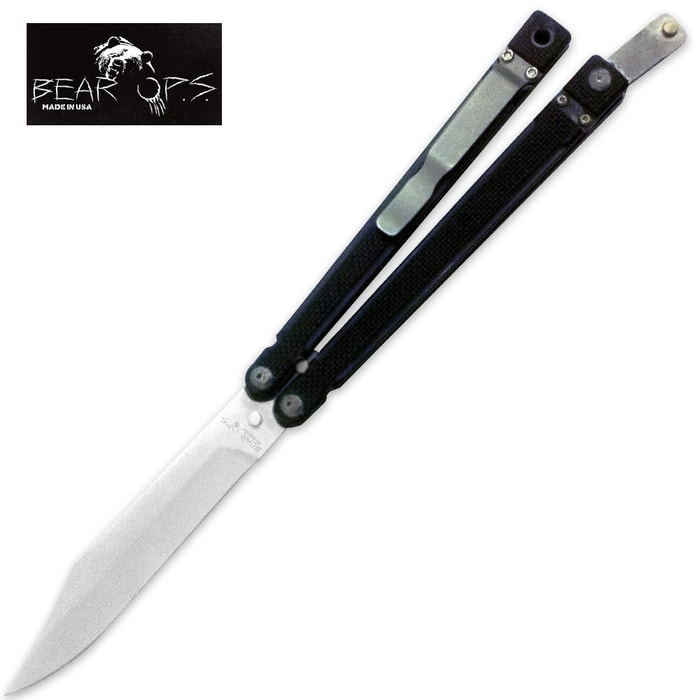 Bear OPS Butterfly Knife Black Handle Bead Finish Blade