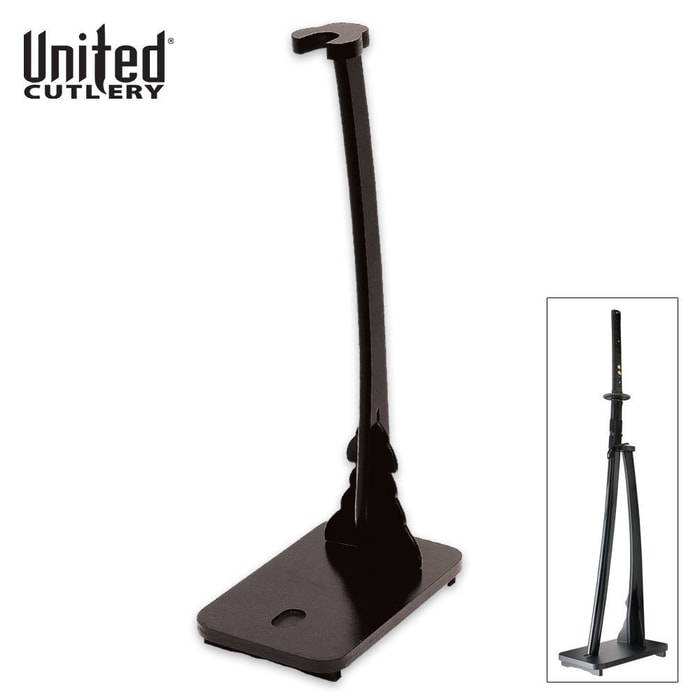 United Cutlery black lacquered solid wood sword display stand shown both without and with a sword. 