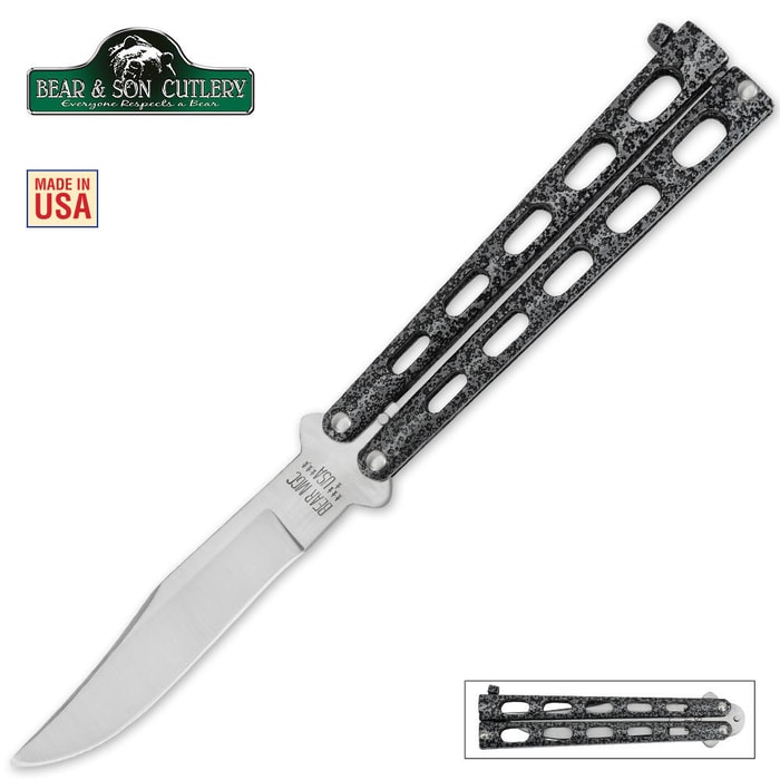 Bear Silver Vein 5 Inch Butterfly Knife has a dark skeletonized handle and high carbon stainless steel hollow ground blade.