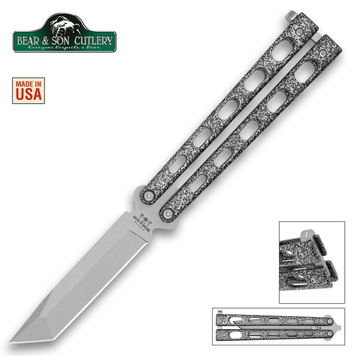 Bear Silver Vein Armor Piercing Butterfly Knife has a high carbon stainless steel hollow ground blade and dark skeletonized handle.