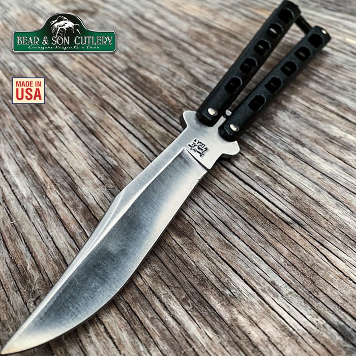 Bear & Son Butterfly Knife Black Die Cast Handle has a 5” 440C high carbon stainless steel blade and black epoxy powder coated handles.