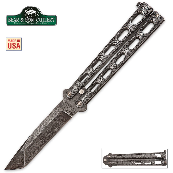 Bear & Son Butterfly Knife Damascus Tanto has a 4” Damascus blade with armor piercing tanto tip.