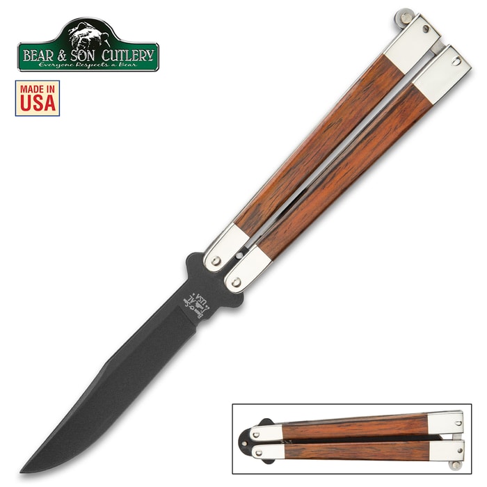 Bear & Son Cocobolo Butterfly Knife has a high carbon stainless steel blade with genuine cocobolo wood handles.