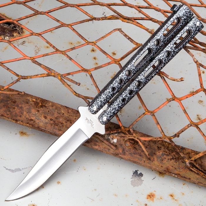 Black And Silver Speckled Skeleton Butterfly Knife - Stainless Steel Blade, Die Cast Metal Handles, USA Made