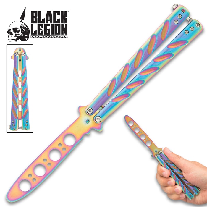 Black Legion Balisong Butterfly Trainer Rainbow is a stainless steel trainer with rainbow titanium finish with weight reducing holes.
