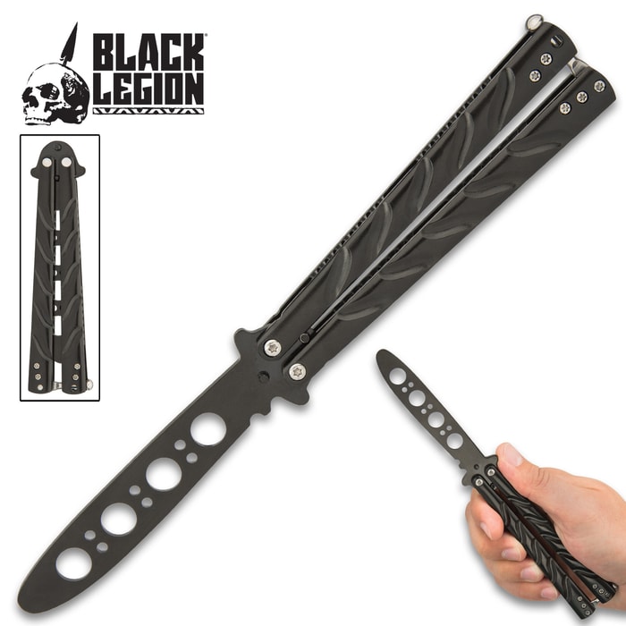 Black Legion Balisong Butterfly Trainer has a stainless steel construction with black anodized finish.
