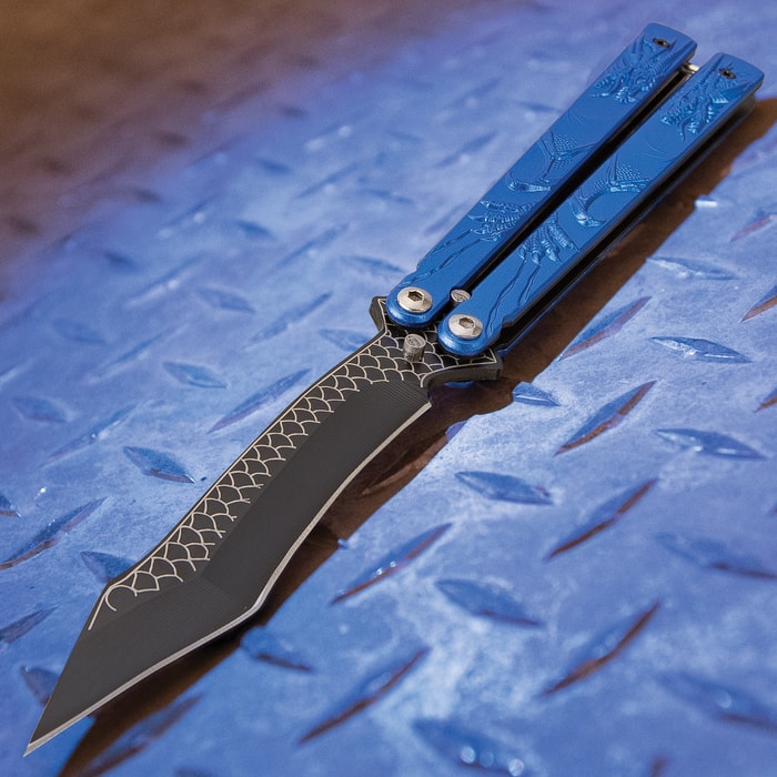 Blue Dragon Butterfly Knife - Stainless Steel Blade, Molded Steel Handle, Latch Lock, Double Flippers - Length 9 1/4”