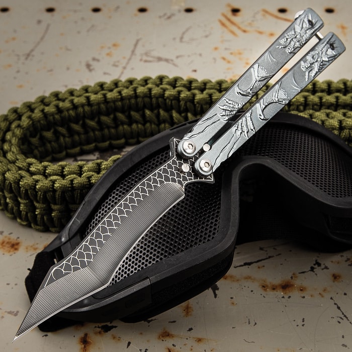 Grey Dragon Butterfly Knife - Stainless Steel Blade, Molded Steel Handle, Latch Lock, Double Flippers - Length 9 1/4”