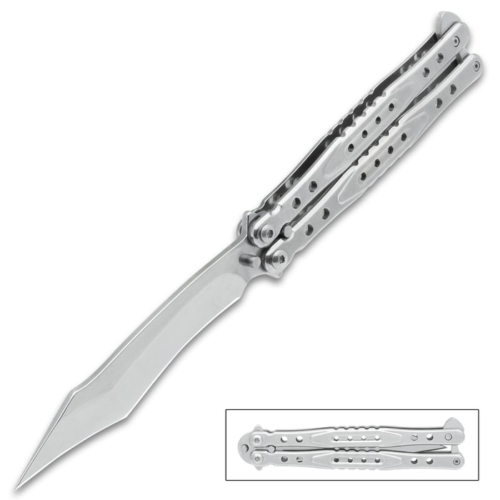 The Silver Light Butterfly Knife shown both open and closed