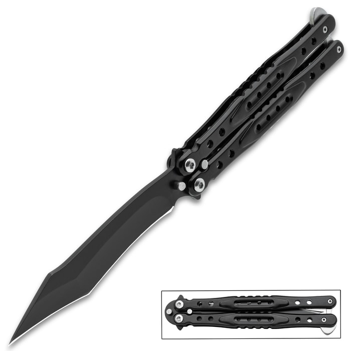 The Black Night Butterfly Knife open and secured