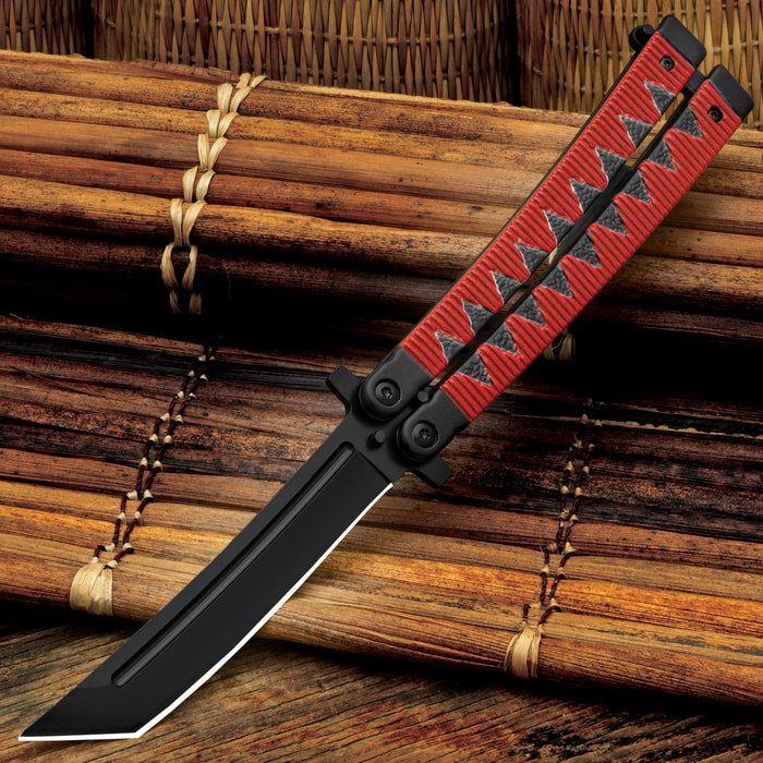 The Red Samurai Butterfly Knife deployed