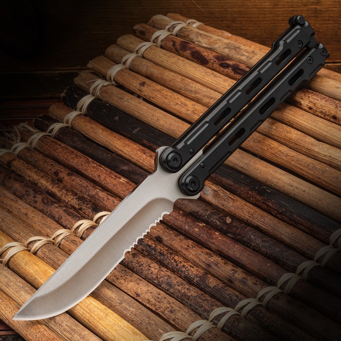 Full image of the BlackWing Precision Butterfly Knife opened.