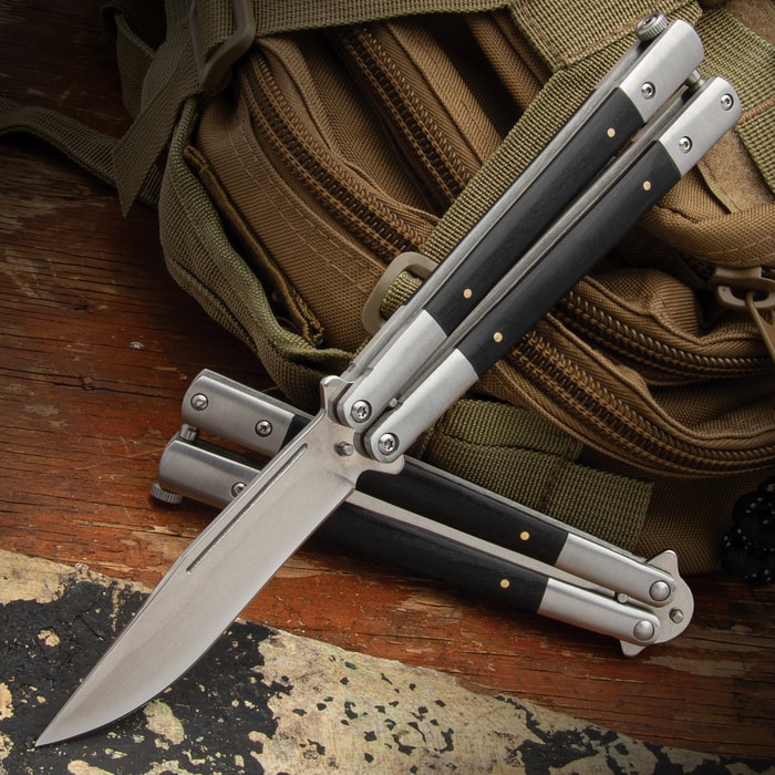Full image of the EnigmaEdge Butterfly Knife open and closed.
