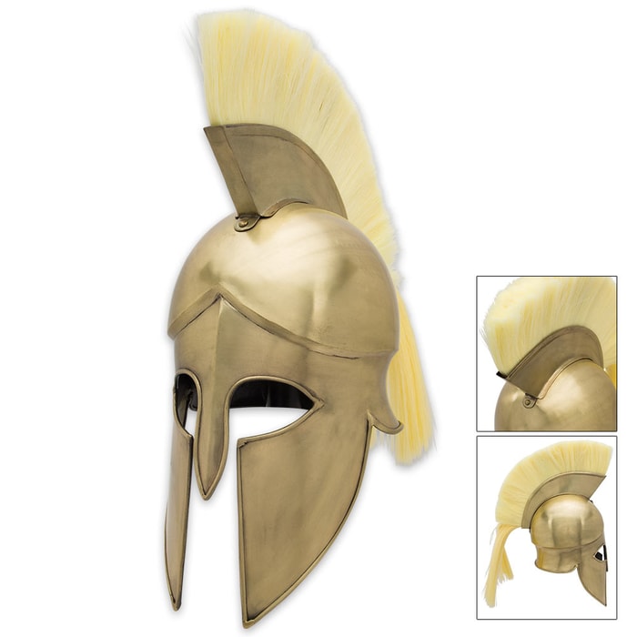 Spartan Grecian Helmet With Plume - Brass Color