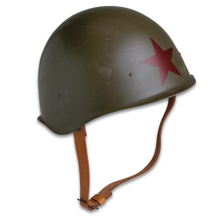 Military Surplus Red Army M52 Helmet Reproduction - World War II Style  - Steel Pot; Red Star; Leather Suspension, Chin Strap - Military History Collections Display Tactical Costume - USED