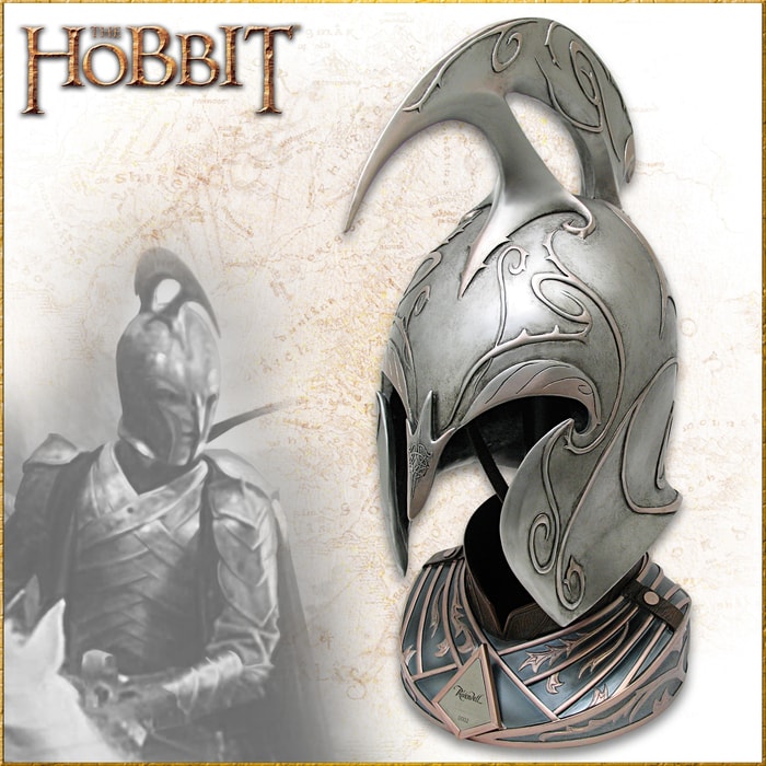 The Lord of the Rings Rivendell Elf Helm has an ornate display stand and is individually serial numbered. 