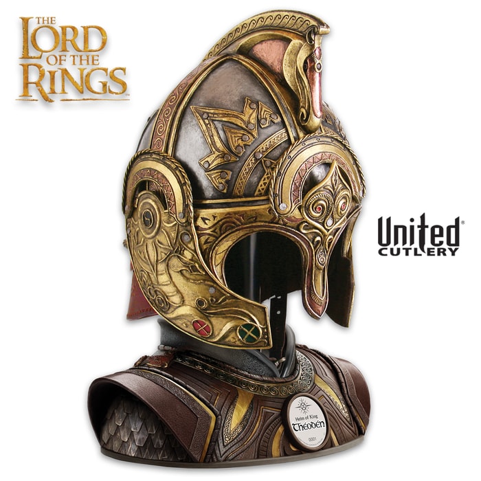 The front view of the Helm of King Theoden on display stand