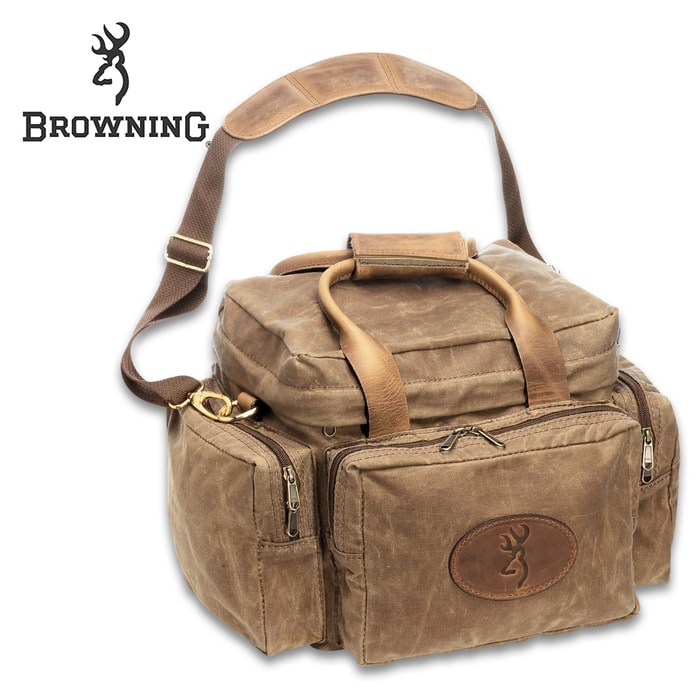 Browning Santa Fe Shooting Bag - Large Zippered Compartments, Waxed Cotton Canvas, Crazy Horse Leather Trim, Brass Hardware, Padded Shoulder Strap And Handles