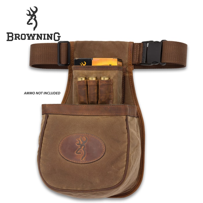 Browning Santa Fe Shell Pouch - Large Double Compartment, Two Mesh Pockets, Waxed Cotton Canvas, Crazy Horse Leather Trim, Adjustable Belt